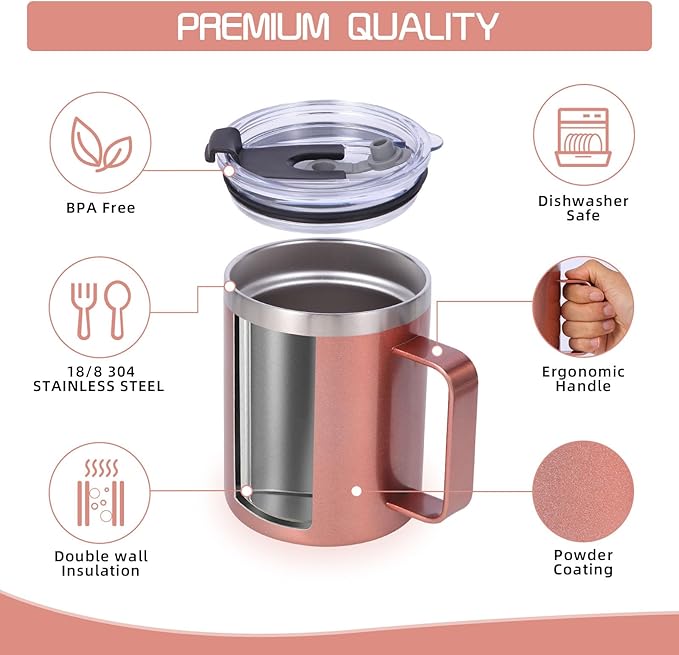 Volhoply 12oz Insulated Leakproof Coffee Mug with Flip & Straw Lid Bulk 2 Pack,Double Wall Vacuum Stainless Steel Travel Tumbler Cup with Handle,Reusable Camping Mugs Keep Cold/Hot(Rose Gold,2 Set)
