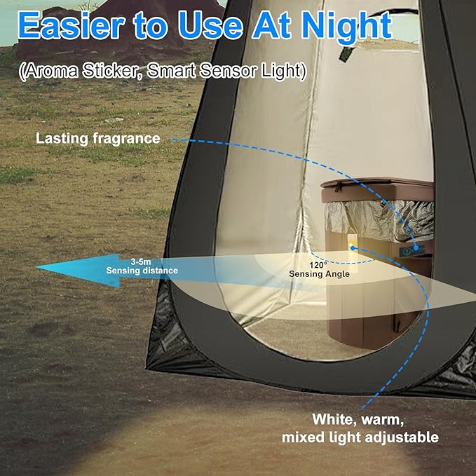 Upgrade XXL Portable Toilet Camping for Adults,17.5" Foldable Camping Toilet Portable, Portative Travel Toilet with Night Sensor Light,Aroma Patch,Handbag for Hiking, Car, Boat, Tent (Brown)