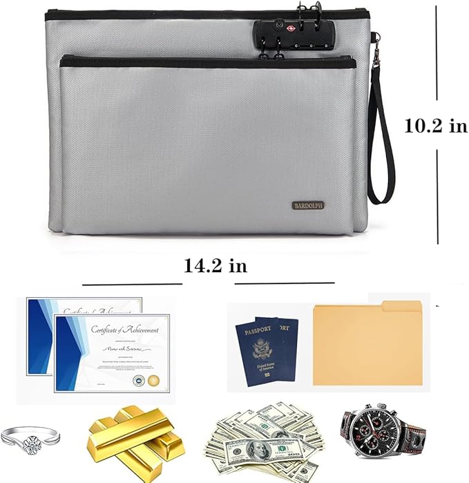 Fireproof Document Bag, Fireproof Money Bag with Lock and Zipper for Cash, FireproofBag Money Pouch, Fire Safe CashBag BankerBag, Notary Supplies (silvery, Large)