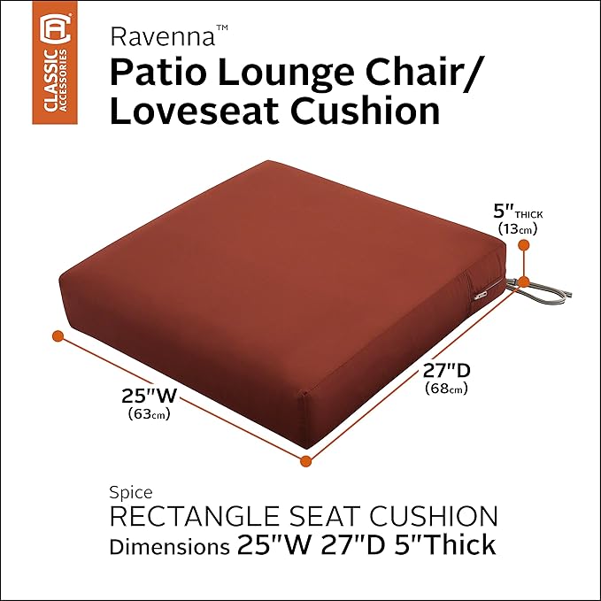 Classic Accessories Ravenna Water-Resistant Patio Lounge Chair/Loveseat Cushion, 25 x 27 x 5 Inch, Spice, rectangle Outdoor Seat Cushion