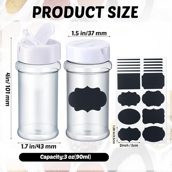 Eccliy 36 Pack 3 oz Clear Plastic Spice Jars with Label and Shaker Lids Empty Spice Bottles Seasoning Containers Seasoning Jars Shaker Condiment Pots for Pepper Herbs Powders (White)