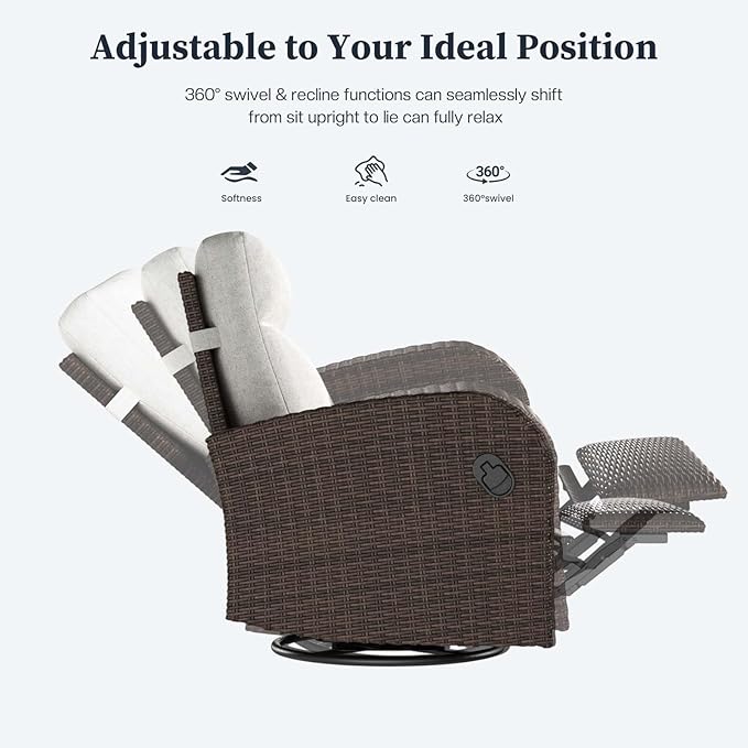 Outdoor Wicker Recliner Chair Set of 2 High Back Patio 360°Swivel Reclining Lounge Chair with 6-Inch Thick Cushion