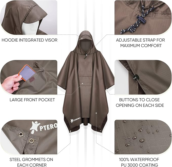 PTEROMY Hooded Rain Poncho for Adult with Pocket, Waterproof Lightweight Unisex Raincoat for Hiking Camping Emergency