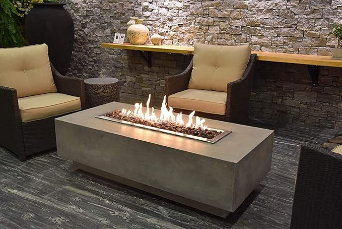 Elementi | Granville Gas Fire Pit Cast Concrete 60" Rectangular Fire Table, Outdoor Fire Pit Electronic Ignition | Canvas Cover, Lava Rock Included | Light Gray (Propane Gas)