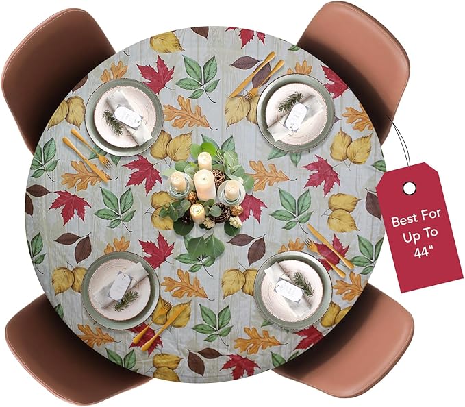 LAMINET Elastic Fitted Table Cover - All-Over Leaves - Small Round - Fits Tables up to 44 Diameter