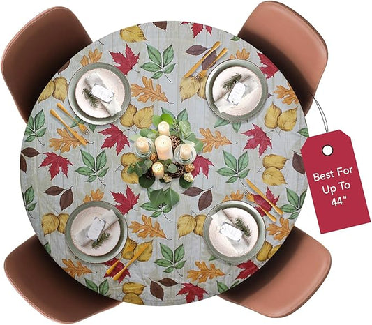 LAMINET Elastic Fitted Table Cover - All-Over Leaves - Small Round - Fits Tables up to 44 Diameter