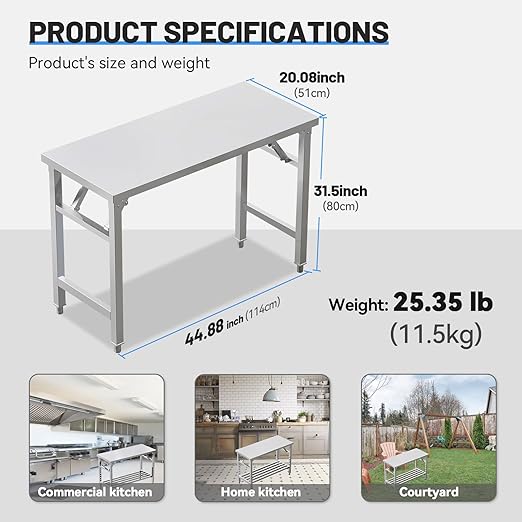 Folding Stainless Steel Table with Adjustable Table Corners and Lower Removable Shelf 20X45 Inches for Outdoor Camping, Maintenance Room, Storage, Kitchen (Without undershelf)