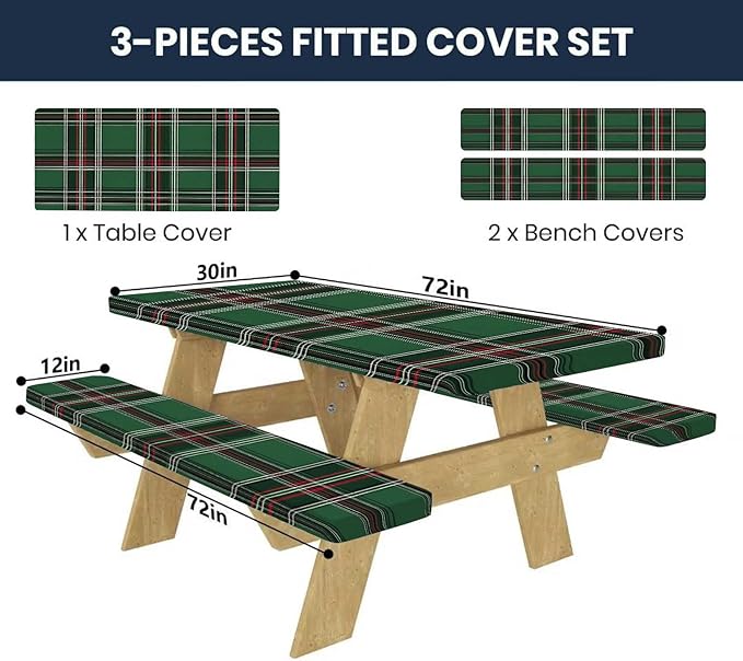 CAPSCEOLL Fitted Picnic Table Cover with Bench Covers with Elastic 6Ft Waterproof Picnic Table Cover for Outdoors Camping Tablecloth with Drawstring Bag, 72X30in, Christmas Green Buffalo Plaid