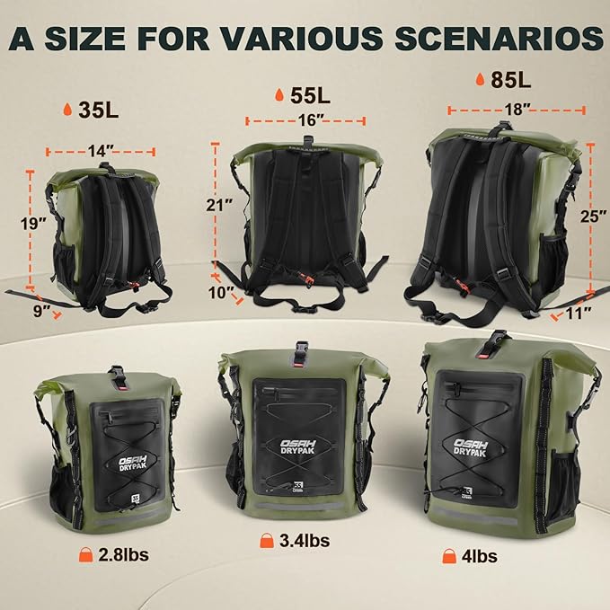 Waterproof Backpack Dry Bag 35L/55L/85L – Heavy Duty Roll-Top Hiking Backpack for Travel, Kayaking, Boating, Camping, Rafting and Fishing