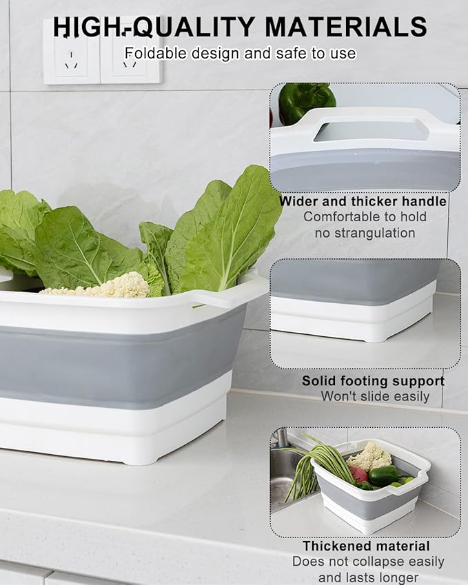 Collapsible Wash Basin with Drain Plug 9L (2.4Gal), Dishpan for Washing Dishes Basin,Collapsible Dish Tub Portable Sink for Kitchen Sink, Camping RV Washing Tub(Gray)