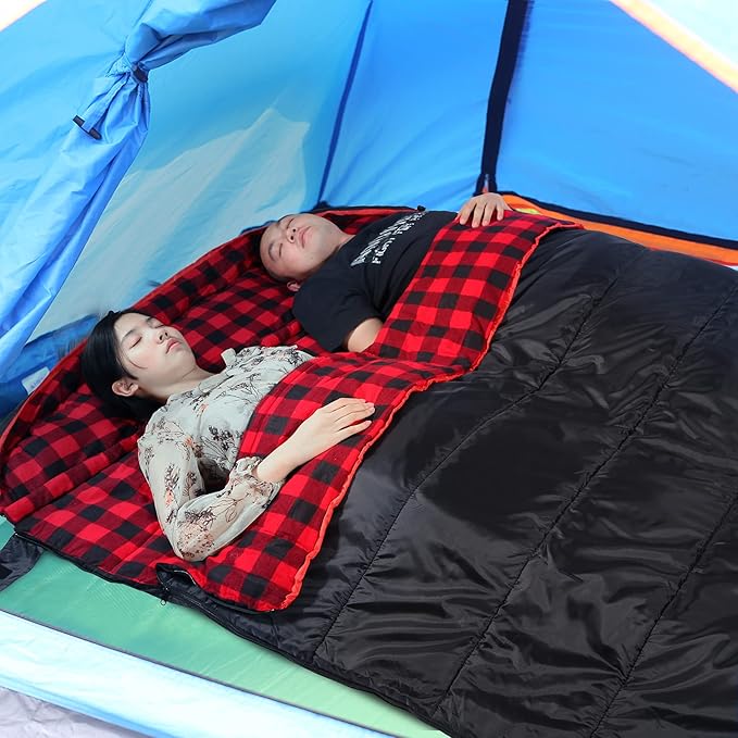 REDCAMP Cotton Double Sleeping Bag for Adults, 2 Person Cold Weather Queen Size Flannel Sleeping Bags for Camping, Black/Navy Blue