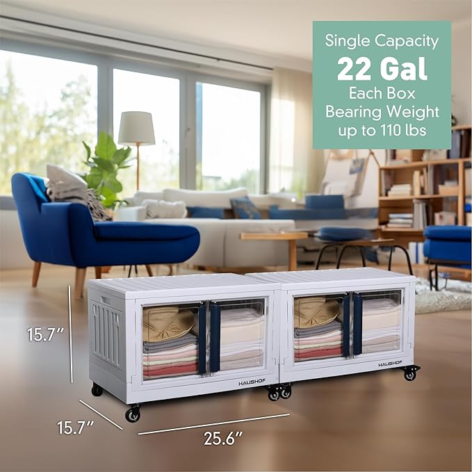 HAUSHOF Closet Organizers and Storage Bin, 3 Pack 22 Gal (88Qt) Plastic Stackable Storage Bins with Lids and Caster Wheel, Large Collapsible Folding Box, Blue and White