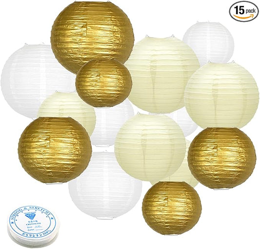 Chinese Paper Lanterns Decorative 15pcs Hanging Gold Paper Lanterns for Wedding Graduation Anniversary Birthday Party Decorations