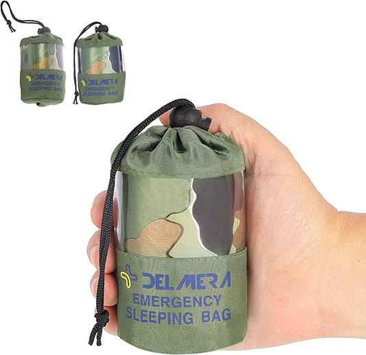 Delmera Emergency Sleeping Bag, Lightweight Survival Sleeping Bags Waterproof Thermal Emergency Blanket, Bivy Sack Survival Gear for Outdoor Adventure, Camping, Hiking, Orange, Green