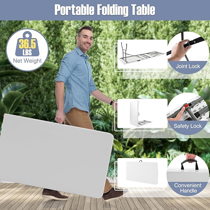 Goplus 8ft Plastic Folding Table, 350 LBS Outdoor Heavy Duty Folding Tables with HDPE Tabletop, Handle, Lock, Foldable Rectangle Portable Utility Card Table for Picnic, Party, Camping, Dining