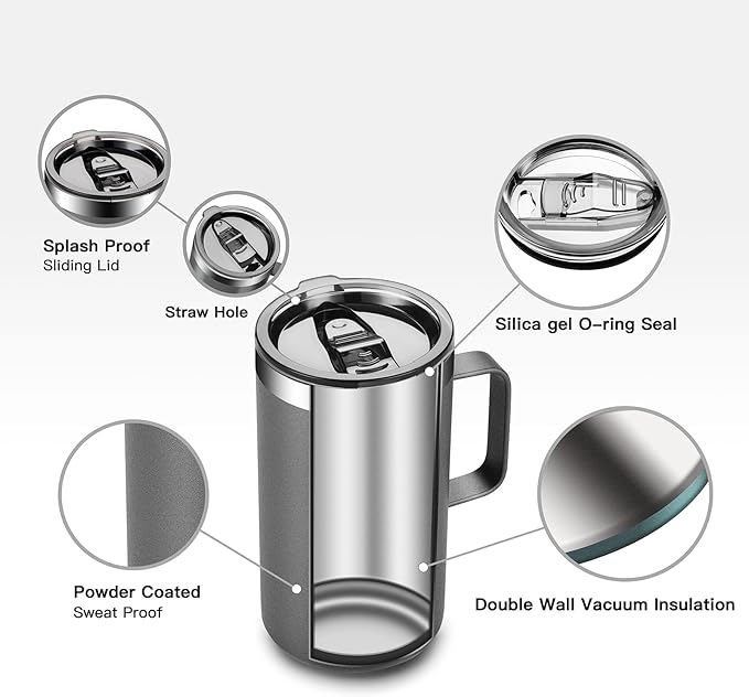 KXIAOCHEN 20oz Insulated Coffee Mug with Lid, Stainless Steel Coffee Cup, Double Wall Vacuum Coffee Tumbler with Handle, Premium Thermal Travel Coffee Mug (Silver grey)