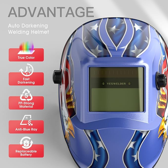 YESWELDER Auto Darkening Welding Helmet, Blue Light Blocking, 1/1/1/1 True Color Solar Powered Welding Hood with 2 Arc Sensors, Wide Shade 3.5/9-13 Welder Mask for TIG MIG ARC and Grind