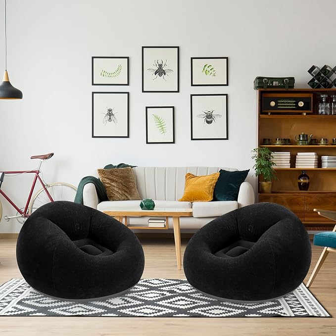 Realspring Inflatable Bean Bag Chairs Outdoor Blow up Camping Chairs Inflatable Lazy Sofa Folding Portable Bean Bag Loungers Couch for Movie Night(Black,2 Pcs)