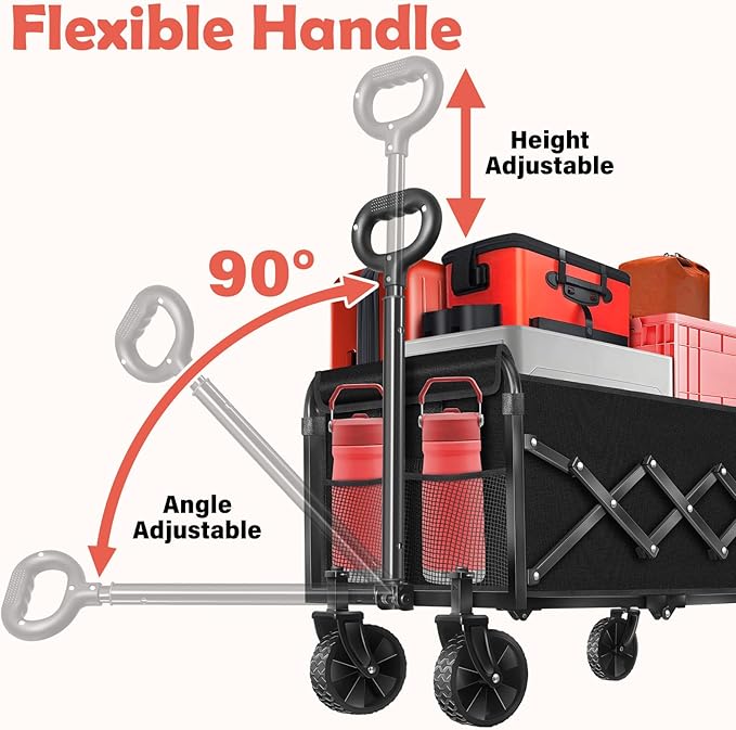 Wagons Carts Foldable, 360 Lbs with Adjustable Handle, Black Lightweight Portable, Collapsible Wagon for Beach Trip, Camping, Shopping, Sports, Travel, Picnic and Grocery with 2 Drink Holders
