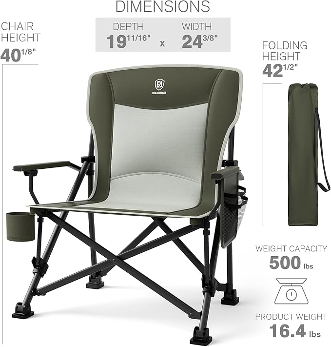 EVER ADVANCED Oversized Folding Camping Chair for Adults, Heavy Duty Lawn Chair with Side Pockets, Portable Collapsible Quad Chair for Outside, Support Up to 500lbs