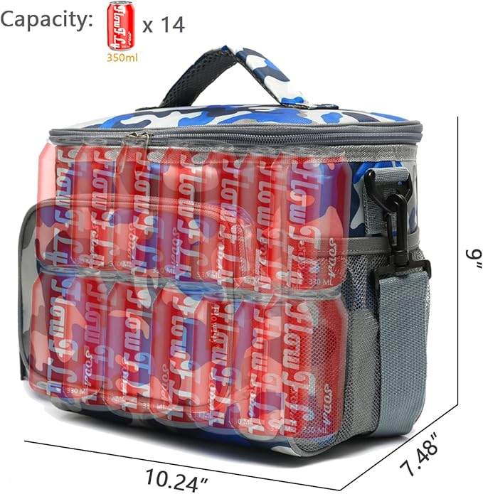 FlowFly Insulated Reusable Lunch Bag Adult Large Lunch Box for Women and Men with Adjustable Shoulder Strap,Front Zipper Pocket and Dual Large Mesh Side Pockets,BlueCamo