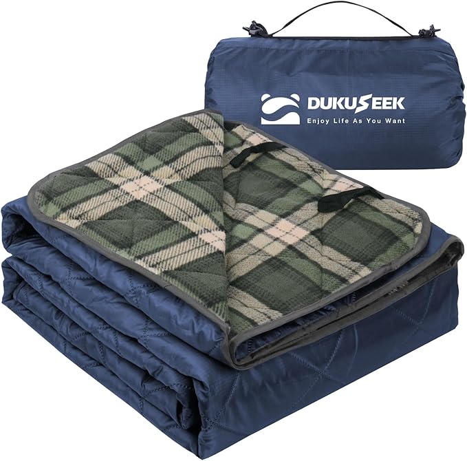 DUKUSEEK Large Outdoor Blanket, Camping Blankets for Cold Weather, Waterproof Windproof Hooded Stadium Blanket 79"x59" Quilted with Extra Thick Fleece, Great for Camping, Picnic, Beach, Car, Dogs