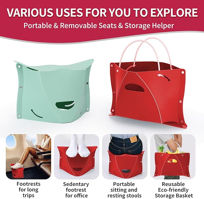 Travel Foot Rest for Airplane & Office - Portable Under Desk Foot Stool, Relieves Back & Knee Pain, Comfort for Long Flights, Cars, Subways & Trains - 2 Pack (Red & Green)