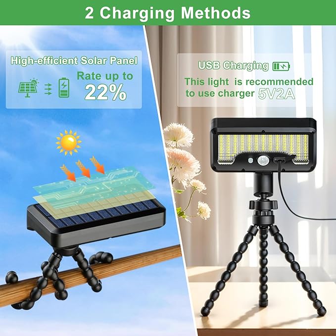 Tryme Solar Lights Outdoor with Motion Sensor, USB & Solar Powered, Adjustable Angle, 3 Modes, Octopus Stand, IP65 Waterproof Fence Lights for Garden, Gate (2 Pack)