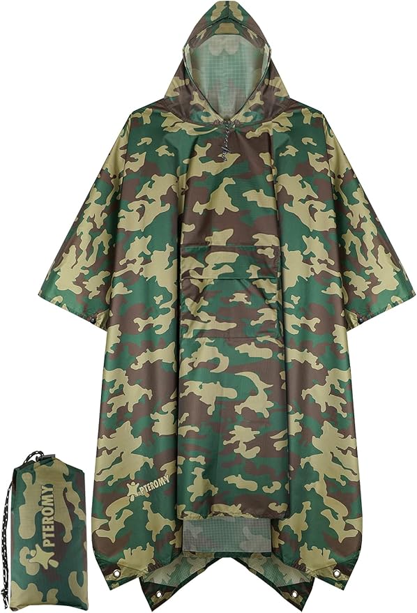 PTEROMY Hooded Rain Poncho for Adult with Pocket, Waterproof Lightweight Unisex Raincoat for Hiking Camping Emergency