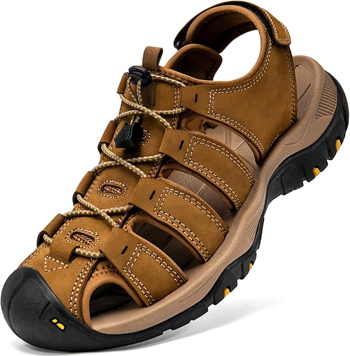 Men's Sport Sandals Closed Toe Leather Hiking Athletic Walking Outdoor Beach Trail River Fishing Water Shoes Lightweight Comfortable Waterproof