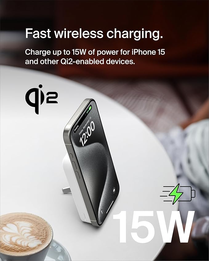 Belkin Portable Charger, Wireless Power Bank 15W 8000 mAh w/ Qi2 - MagSafe Charger w/Built-in Pop-up Kickstand - Compatible w/iPhone 17, Air, Pro, Pro Max, Google Pixel 10, etc. - White