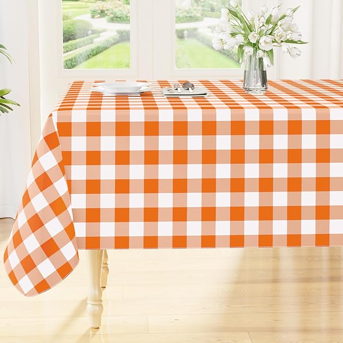 Smiry Rectangle Table Cloth, Waterproof Vinyl Tablecloth with Flannel Backing, Wipeable Buffalo Plaid Table Cover for Dining, Indoor and Outdoor (Orange & White, 52"x70")