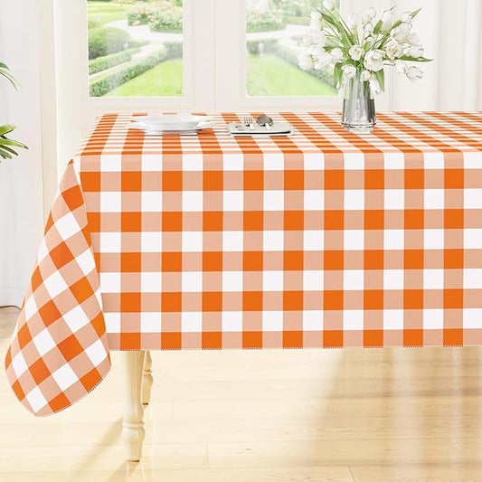 Smiry Rectangle Table Cloth, Waterproof Vinyl Tablecloth with Flannel Backing, Wipeable Buffalo Plaid Table Cover for Dining, Indoor and Outdoor (Orange & White, 52"x70")