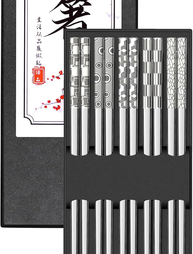 Metal Chopsticks Reusable 18/8 Stainless Steel Chopstick Sleek Engraving Patterns Chop Sticks Reusable Dishwasher Safe Non-Slip Japanese Korean ChopStick 5 Pairs Present Set