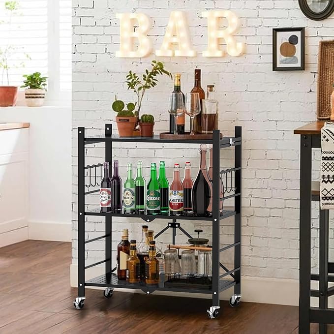 Himix Storage Shelves with 6 Hooks, 3 Tier Foldable Shelf with Wheels, Metal Storage Shelving Unit Rolling Cart, Utility Shelf Rack Organization Shelves for Pantry, Kitchen, Black - No Assembly