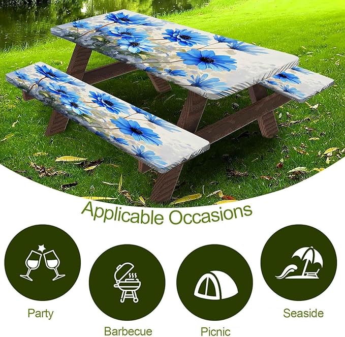 CAPSCEOLL Elastic Picnic Table Cover with Bench Covers 5Ft Waterproof Fitted Picnic Table Cover Cloths for Outdoors Camping Tablecloth with Drawstring Bag, 60X30in, Blue Flowers
