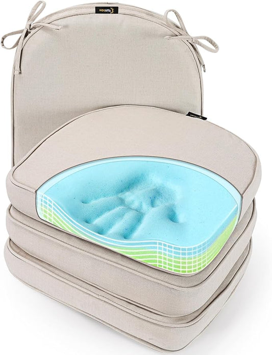 SUNROX Gel Memory Foam Chair Cushions, FadeShield Water-, Stain-Resistant Durable Reversible Seat Cushion Pads with Ties for Indoor/Outdoor Kitchen Dining Office, 19"x19", Set of 4, Cream