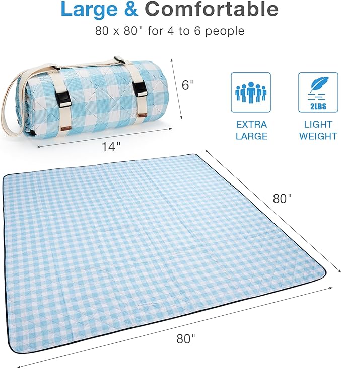 Picnic Blanket, 80''x80'' Waterproof Outdoor Blankets, Picnic Mat Washable for Beach, Picnic Blankets for Camping on Grass with Shoulder Strap - Blue & White