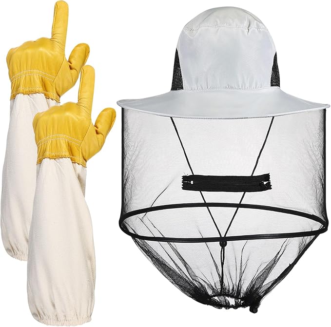 Xuhal Bee Keeping Hats and Gloves Includes Thick Goatskin Leather Bee Gloves with Ventilated Sleeves and Bee Keeper Fencing Veil Mosquito Hats Sun Hat with Hidden Net Mesh Mask