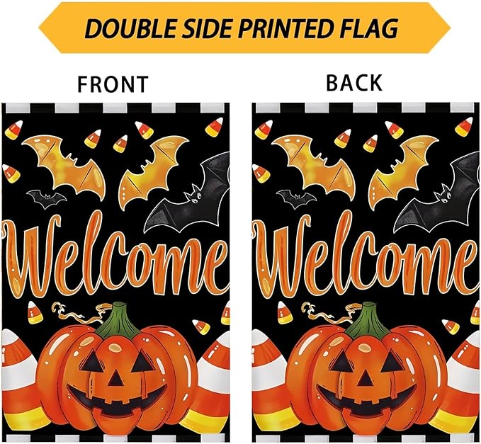 Welcome Halloween Garden Flag 12X18 Inch Double Side,Pumpkin Jack O Lantern Yard flag,Bat Outside Small Garden Flag Decorative,Outdoor Flag for Holiday Patio Courtyard Lawn