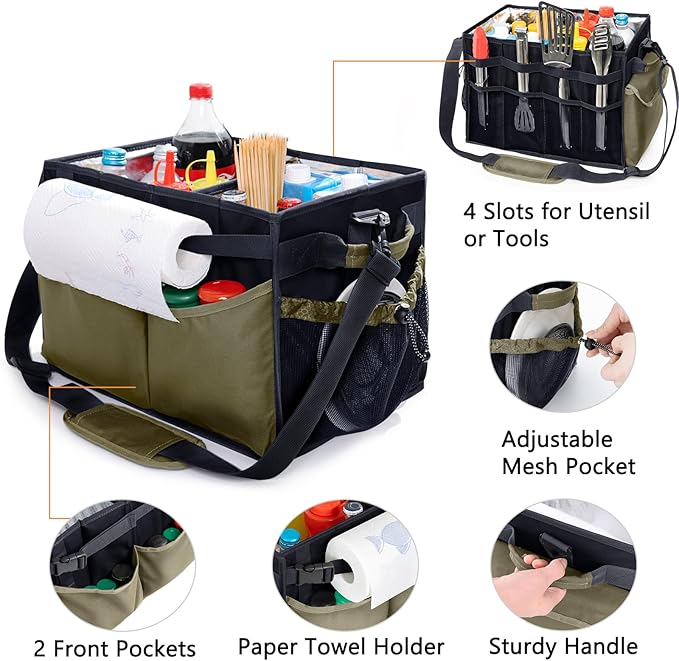 Large Grill Caddy with Paper Towel Holder – Collapsible BBQ Organizer for Camping, Tailgating, RV, Boating – Grilling Gifts for Men – Griddle Tote Bag with Shoulder Strap – Outdoor Essentials