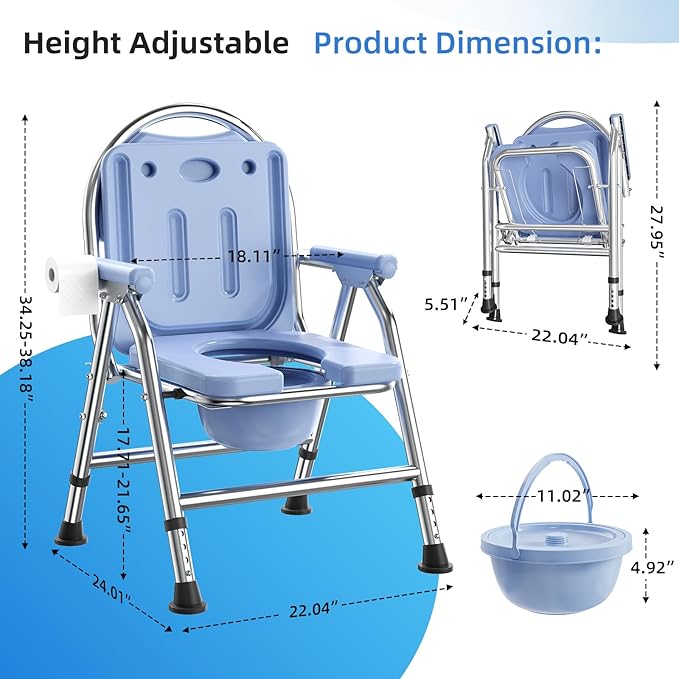 4 in 1 Folding Bedside Commode Chair for Elderly with Arms and Back,Adjustable Height Raised Toilet Seat with Handles,Adults Potty Chair for Seniors,Disabled,Holds Up to 350 lbs (ABS Plastic Seat)
