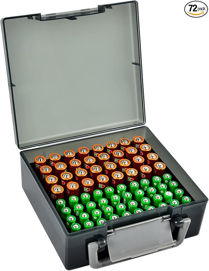 FULLCASE Battery Storage Organizer Holder Holds 72 AA AAA Batteries, Box Cases Garage Container, Home Drawer Organization Dispenser (Case Only) (Grey)