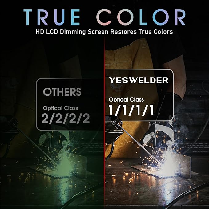 YESWELDER Large View Auto Darkening Welding Helmet, Blue Light Blocking, 1/1/1/1 True Color Solar Powered Welder Hood Mask with 4 Arc Sensors, Wide Shade 3/5-9/9-13 for TIG MIG ARC Cut and Grind