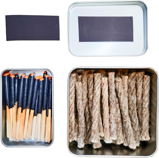 Survival Waterproof Matches Kit – 20/40/60 Fire Matches + Extra Striker in Metal Tin, Waxed Tinder Cords – Stormproof Windproof Fire Starter for Camping & Emergency (1 x Tin Matche+ 20 Ropes)