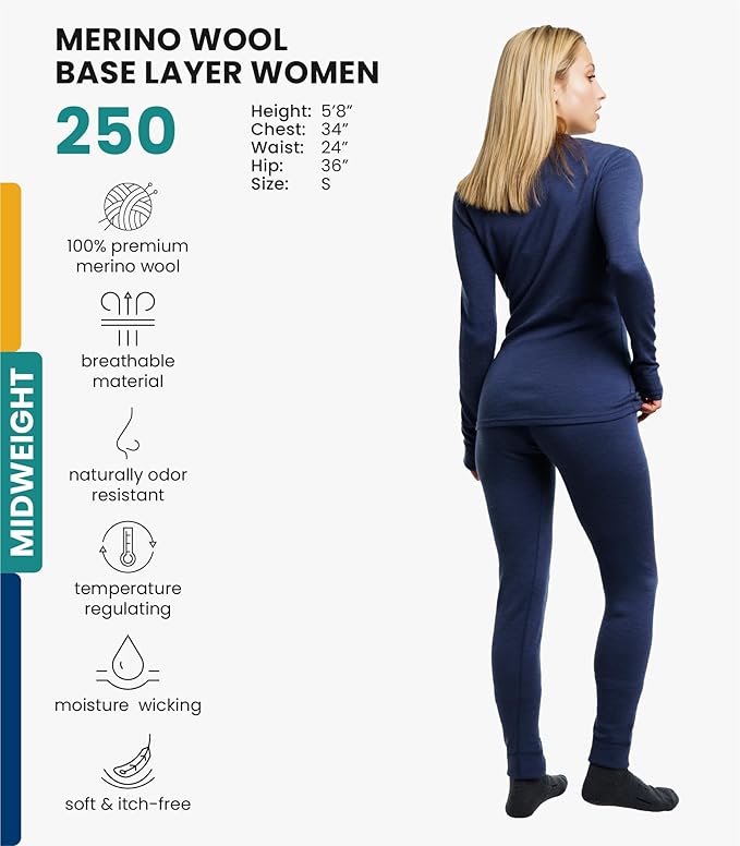 Merino.tech Merino Wool Base Layer Women Set - Heavyweight, Lite, Midweight Merino Thermal Underwear For Women Top, Bottom