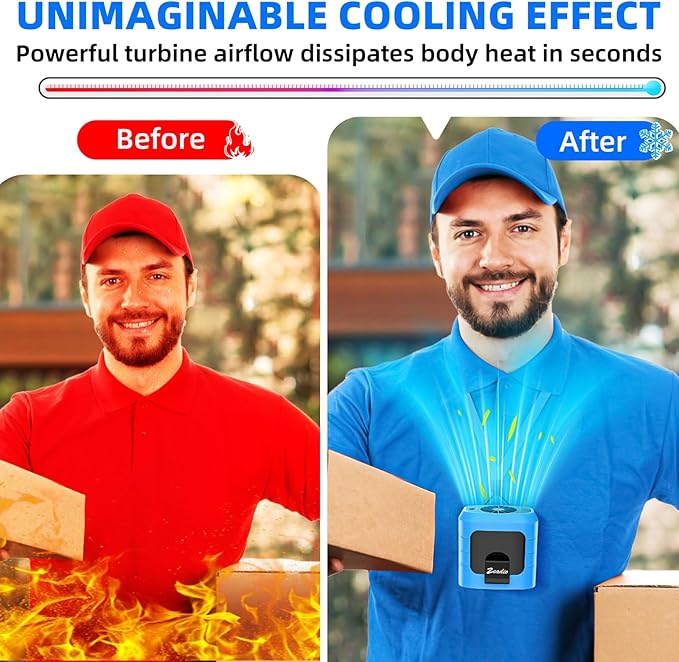 Zeadio Portable Waist Clip Fan, 4 Speeds 10000mAh Operated Hands-free Wearable Necklace Fan, with Lighting and Charging Function for Hot Flashes Home Office Travel Outdoor Sports - Blue