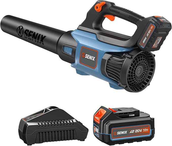 SENIX 20V Max Leaf Blower, Cordless, Brushless, Handheld, Up to 350 CFM and 80 MPH, 2 Speed Mode, Cruise Control, Lightweight, 4.0 Ah Battery and Charger Included (BLAX2-M)
