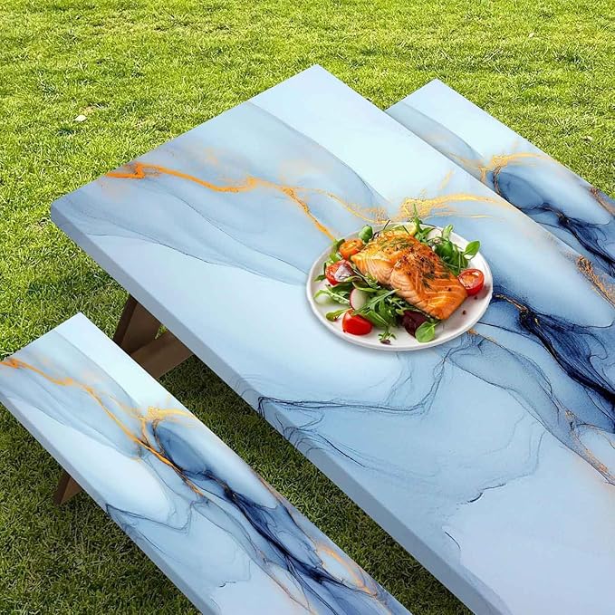 CAPSCEOLL Elastic Picnic Table Cover with Bench Covers 5Ft Waterproof Fitted Picnic Table Cover Cloths for Outdoors Camping Tablecloth with Drawstring Bag, 60X30in, Blue Marble
