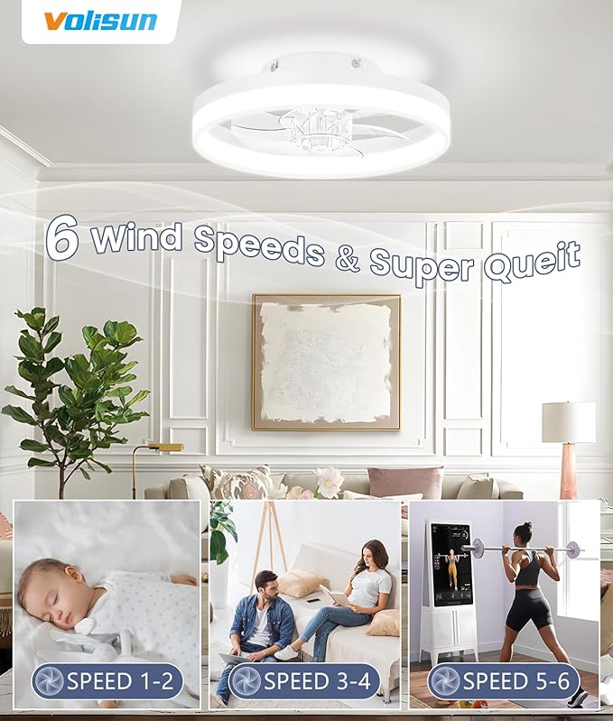 VOLISUN 13 inch Small Ceiling Fans with Lights and Remote, Low Profile Ceiling Fans with Light, 3000K-6500K Dimmable LED Ceiling Light Flush Mount, Bladeless Fandelier Ceiling Fan (White)